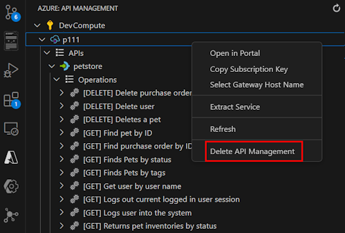 Visual Studio Code'dan API Management örneğini silmenin ekran görüntüsü.
