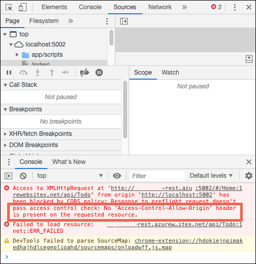 Tarayıcı istemcisindeki CORS hatasının ekran görüntüsü.