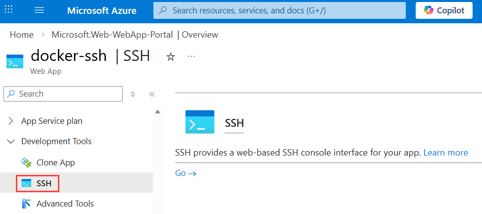 App Service SSH'yi gösteren ekran görüntüsü.