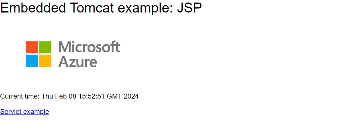 Azure App Service'te çalışan ekli Tomcat web uygulamasının ekran görüntüsü.
