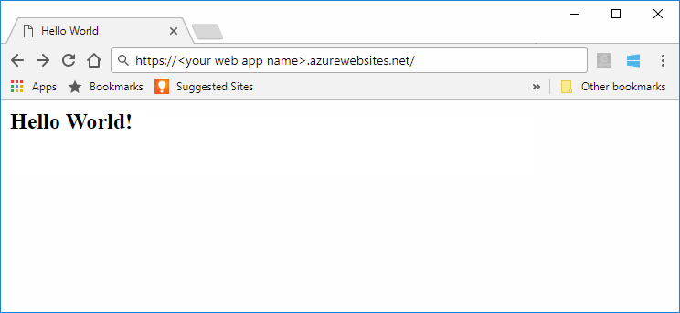 Azure App Service'te çalışan Maven Hello World web uygulamasının ekran görüntüsü.
