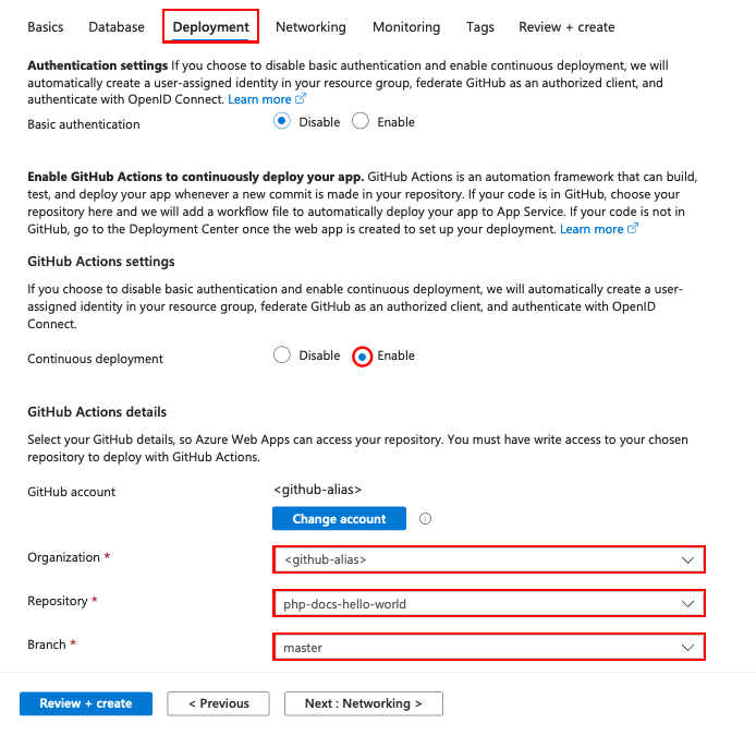 PHP uygulaması için dağıtım seçeneklerinin ekran görüntüsü.