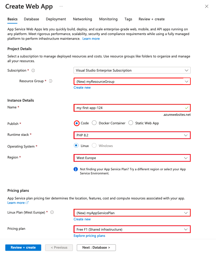 Azure portalında PHP için yeni App Service uygulama yapılandırmasının ekran görüntüsü.