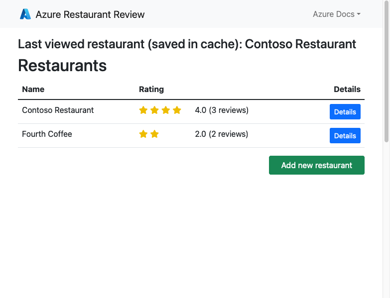 Restoran ve restoran incelemelerini (Django) gösteren, Azure'da çalışan PostgreSQL içeren Django web uygulamasının ekran görüntüsü.