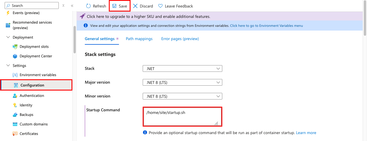 Azure portalında App Service uygulaması için özel başlangıç dosyasının nasıl yapılandırıldığını gösteren ekran görüntüsü.