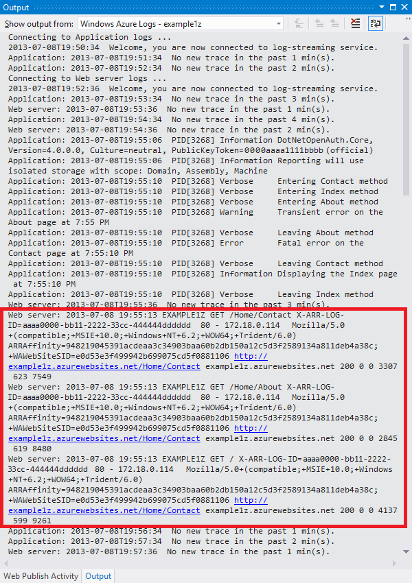 Çıktı penceresinde web sunucusu günlükleri