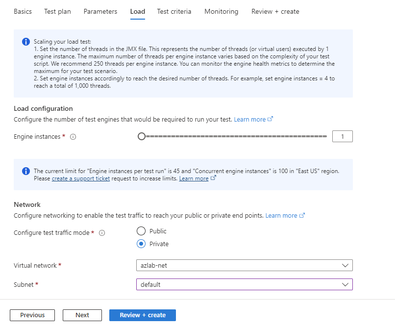 Azure portalında test oluştururken test altyapısı örneklerinin sayısını yapılandırmayı gösteren ekran görüntüsü.