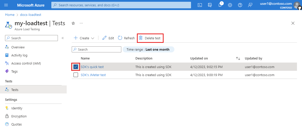 Azure portalında yük testi seçmeyi ve silmeyi gösteren ekran görüntüsü.