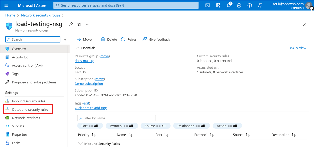 Azure portalında giden güvenlik kurallarını vurgulayan ağ güvenlik grubuna genel bakış sayfasını gösteren ekran görüntüsü.