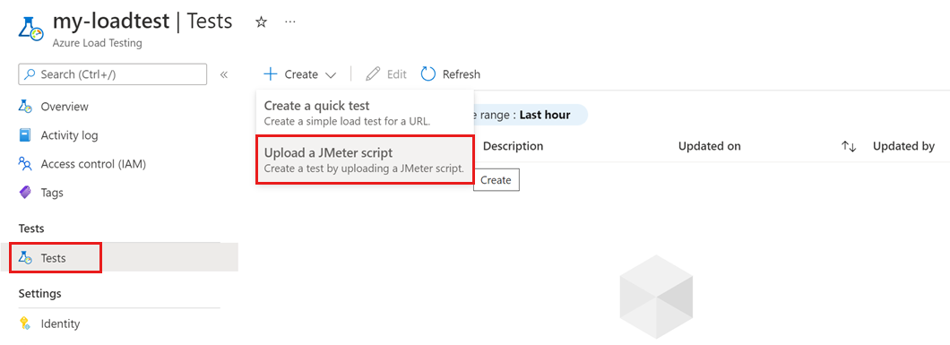 Azure portalında bir JMeter dosyasını karşıya yükleyerek yeni bir yük testi oluşturmayı gösteren ekran görüntüsü.