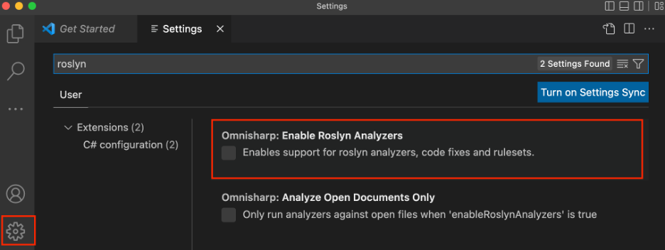 Visual Studio Code'da Roslyn Analyzer'ı yapılandırma işleminin ekran görüntüsü.