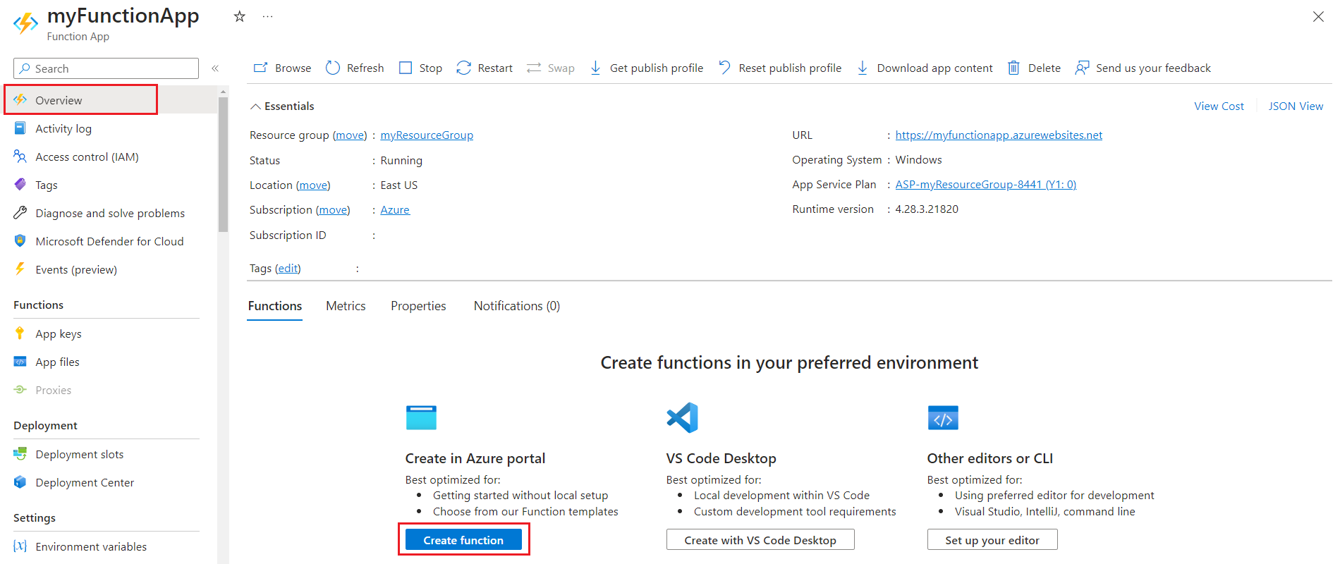 Azure portalında işlev ekleme işleminin ekran görüntüsü.