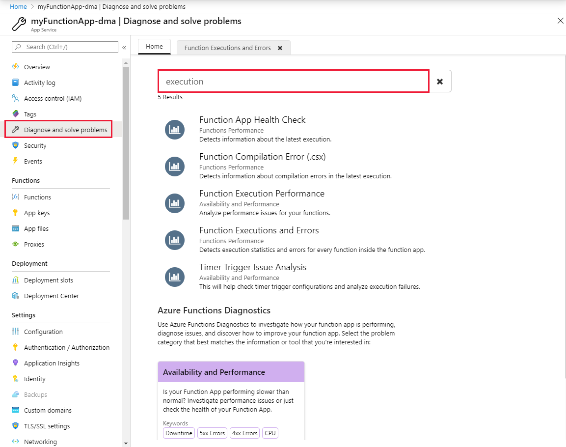 Azure İşlevleri tanılamasını arayın.