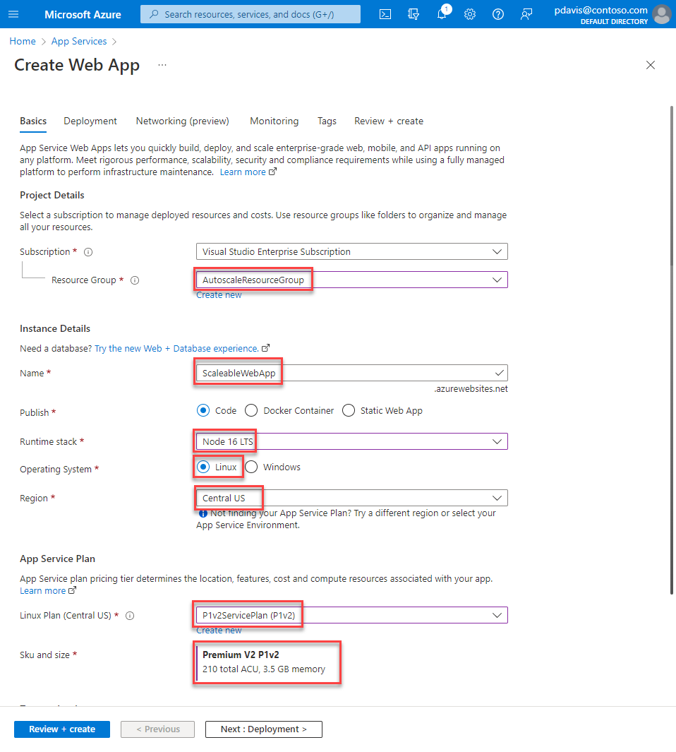 Screenshot that shows the Basics tab of the Create Web App page where you set up a web app.