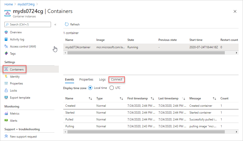 Azure portalında dağıtım betiği kapsayıcı örneğine bağlan seçeneğinin ekran görüntüsü.