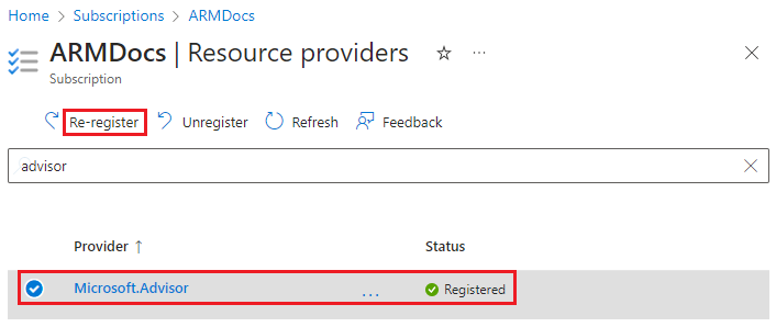 Azure portalında kaynak sağlayıcısını yeniden kaydetme işleminin ekran görüntüsü.