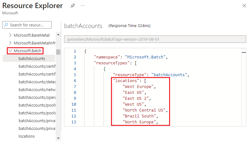 Azure Kaynak Gezgini'nde bir kaynak türü için geçerli konumları görüntüleme işleminin ekran görüntüsü.