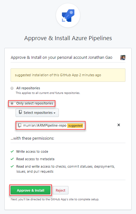 Screenshot of selecting repositories for Azure Resource Manager Azure DevOps Azure Pipelines.