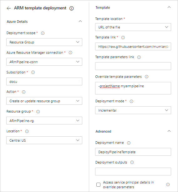 Screenshot of the ARM template deployment page with required values entered for Azure DevOps Azure Pipelines.