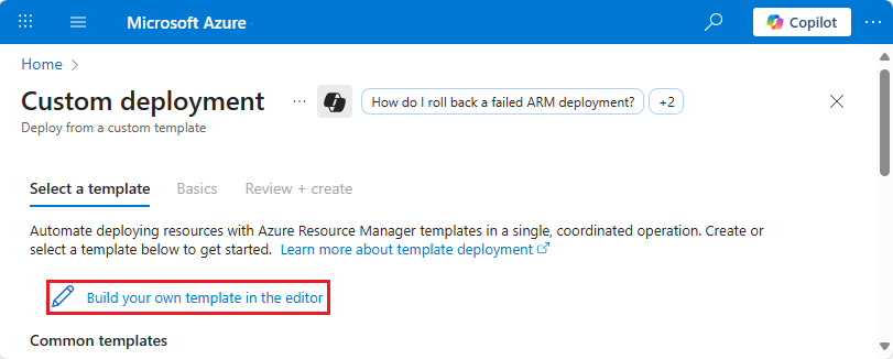 Azure portalında kendi şablonunuzu oluşturma seçeneğinin ekran görüntüsü.
