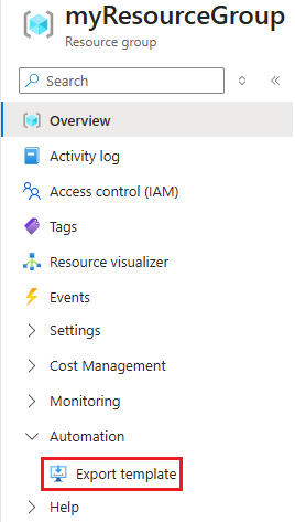 Azure portalında şablonu dışarı aktarma seçeneğinin ekran görüntüsü.