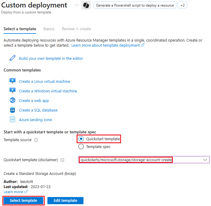 Azure portalında Hızlı Başlangıç Şablonu seçme işleminin ekran görüntüsü.