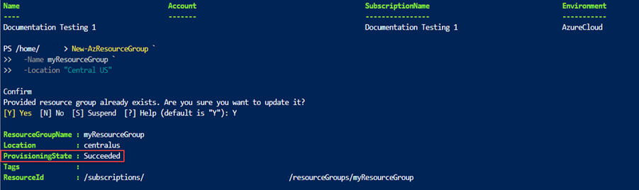 Başarılı dağıtım sağlama durumunu gösteren PowerShell çıkışının ekran görüntüsü.