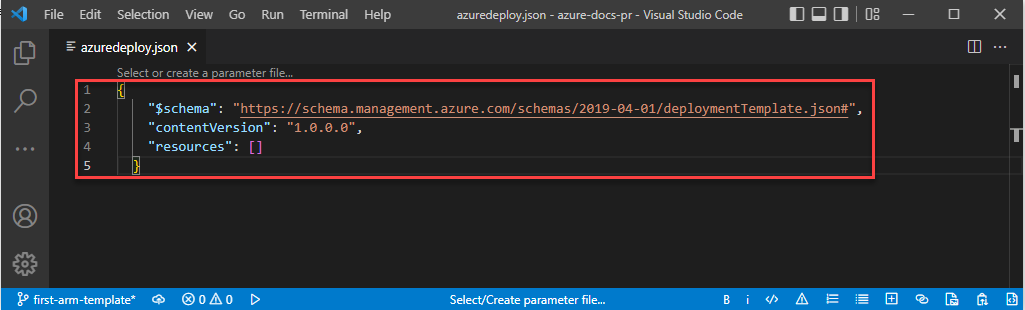 Düzenleyicide JSON yapısına sahip boş bir ARM şablonunu görüntüleyen Visual Studio Code'un ekran görüntüsü.