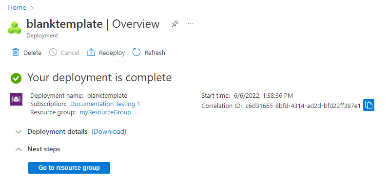 Boş şablon dağıtımının dağıtım özetini gösteren Azure portalının ekran görüntüsü.