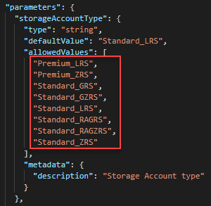 şablon depolama hesabı kaynakları sku'larını Resource Manager