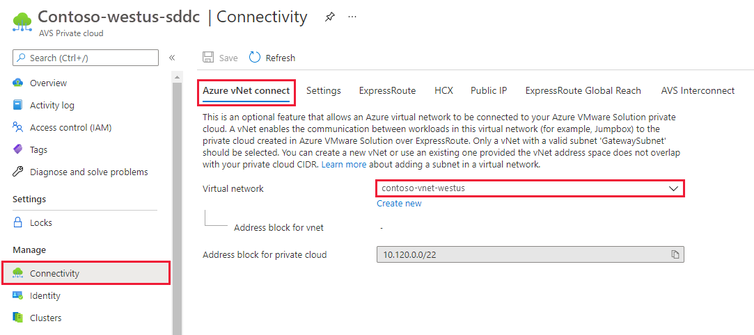 Azure VNet bağlan sekmesini gösteren ekran görüntüsü ve var olan bir sanal ağ seçili.