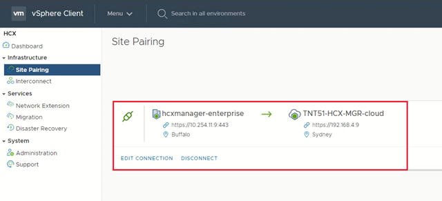 Site Eşleştirme'nin vurgulandığı VMware HCX panosunu gösteren ekran görüntüsü.