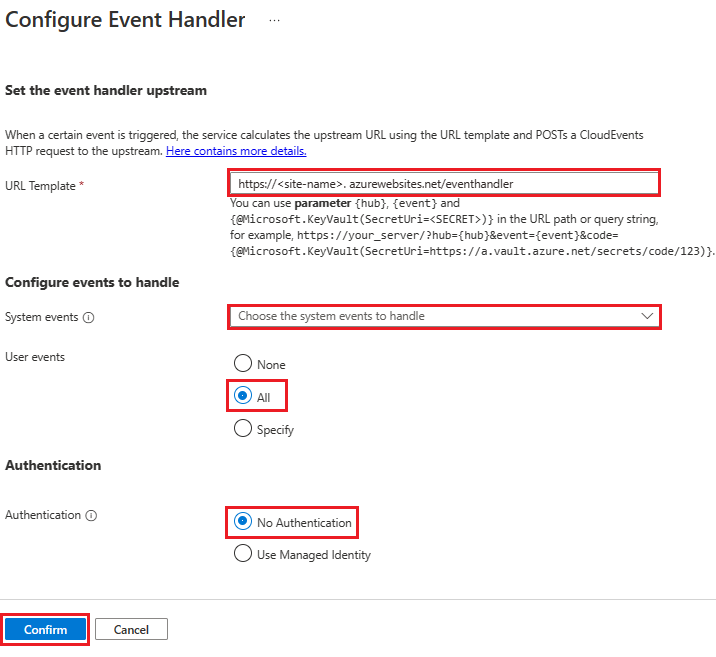 Azure Web PubSub Yapılandırma Olay İşleyicisi'nin ekran görüntüsü.