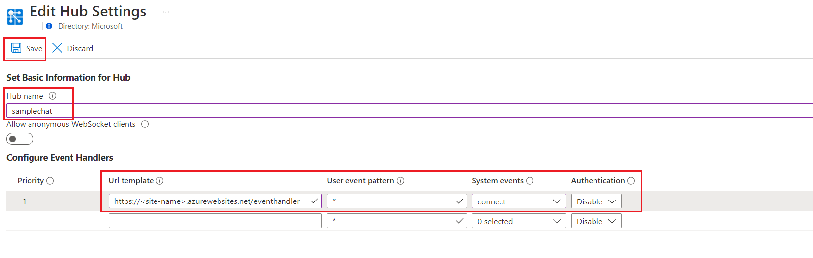 Azure Web PubSub Hub Ayarlarını Yapılandır'ın ekran görüntüsü.