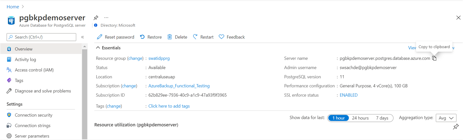 Sunucu adı da dahil olmak üzere Azure portalında Azure PostgreSQL kaynak görünümünü gösteren ekran görüntüsü.