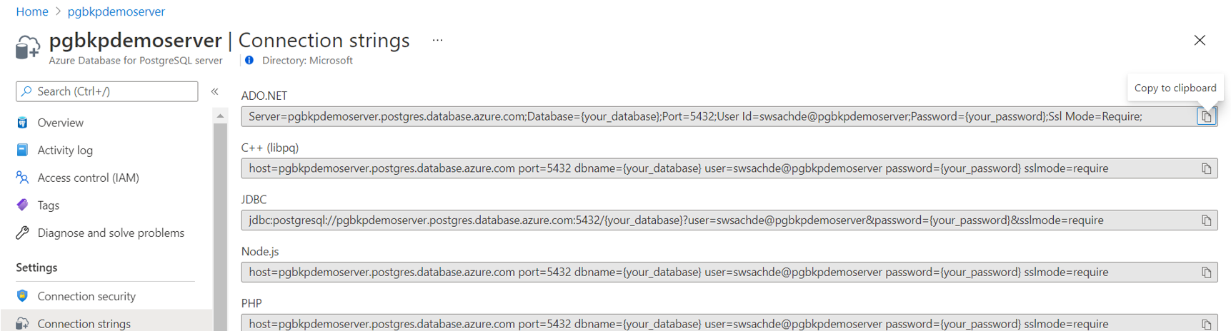 PostgreSQL için Azure Veritabanı sunucu bağlantı dizesini gizli dizi olarak gösteren ekran görüntüsü.