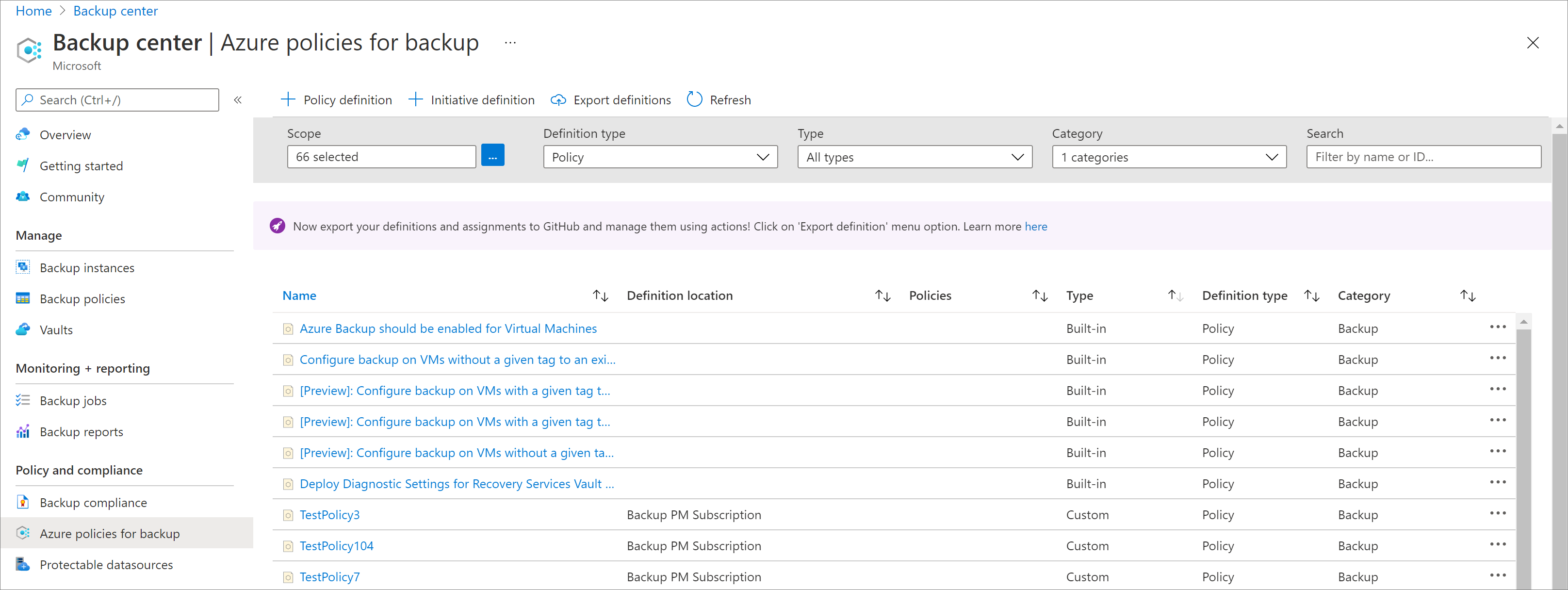 Azure İlkesi tanımları seçme