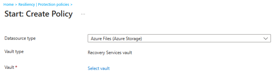 İlke türü olarak Azure Files'ın seçilmesini gösteren ekran görüntüsü.