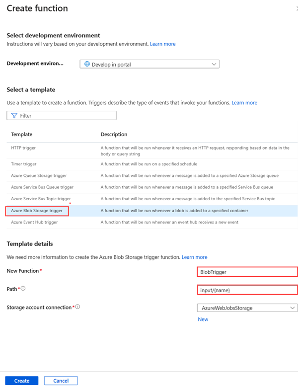 Azure Blob Depolama tetikleyicisi seçeneğini ve Yeni İşlev ve Yol Alanlarını vurgulayan İşlev Oluştur bölmesinin ekran görüntüsü.