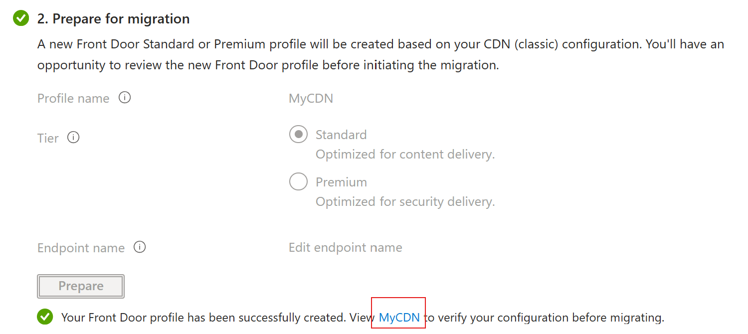 Yeni salt okunur Front Door profilini görüntüleme bağlantısının ekran görüntüsü.
