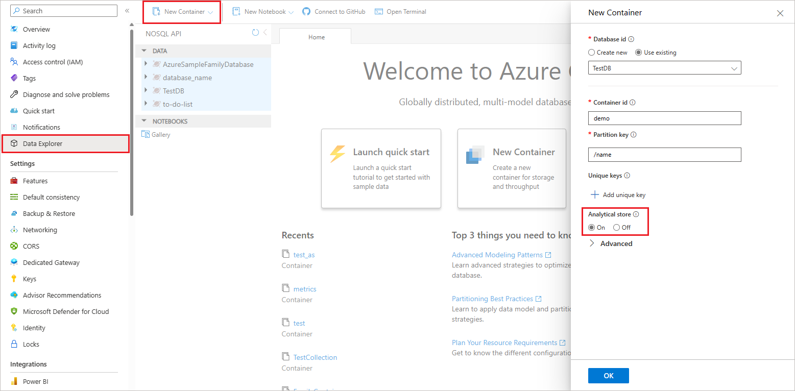 Azure Cosmos DB kapsayıcısı için analiz deposunu açma