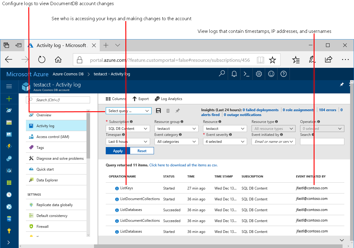 Azure Cosmos DB etkinlik günlüklerini gösteren ekran görüntüsü.