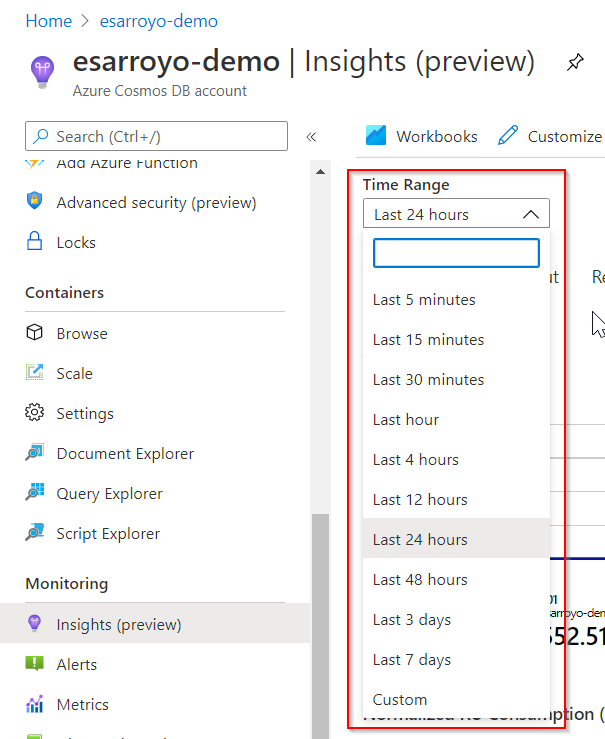 Azure Cosmos DB Zaman Aralığı'nı gösteren ekran görüntüsü.