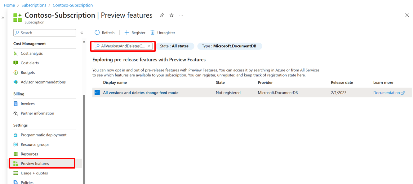 Azure portalında Aboneliklere genel bakış sayfasındaki Önizleme Özellikleri sayfasındaki Tüm sürümler ve silmeler değişiklik akışı modu özelliğinin ekran görüntüsü.