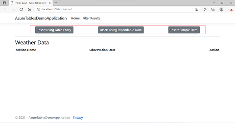 Tablo API'sini kullanarak Azure Cosmos DB'ye veri eklemek için kullanılan düğmelerin konumunu gösteren uygulamanın ekran görüntüsü.