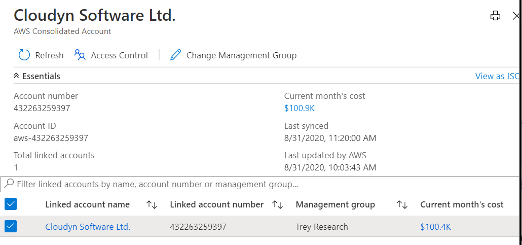 AWS birleştirilmiş hesabının ayrıntılarını gösteren ekran görüntüsü.