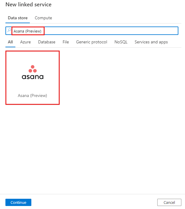 Asana bağlayıcısını seçmeyi gösteren ekran görüntüsü.