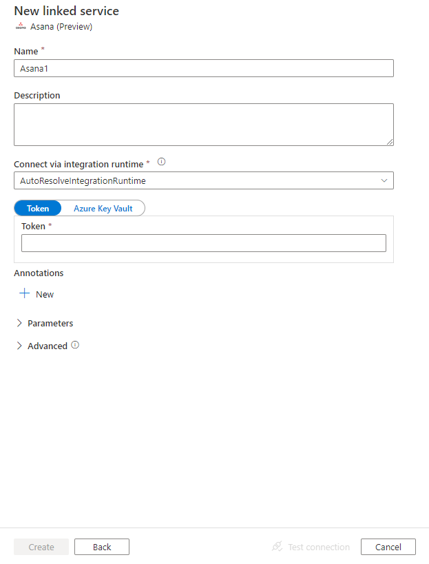 Asana bağlı hizmetinin yapılandırmasının ekran görüntüsü.