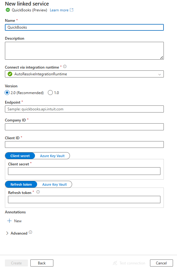 QuickBook'lar için bağlı hizmet yapılandırması bölmesinin ekran görüntüsü.