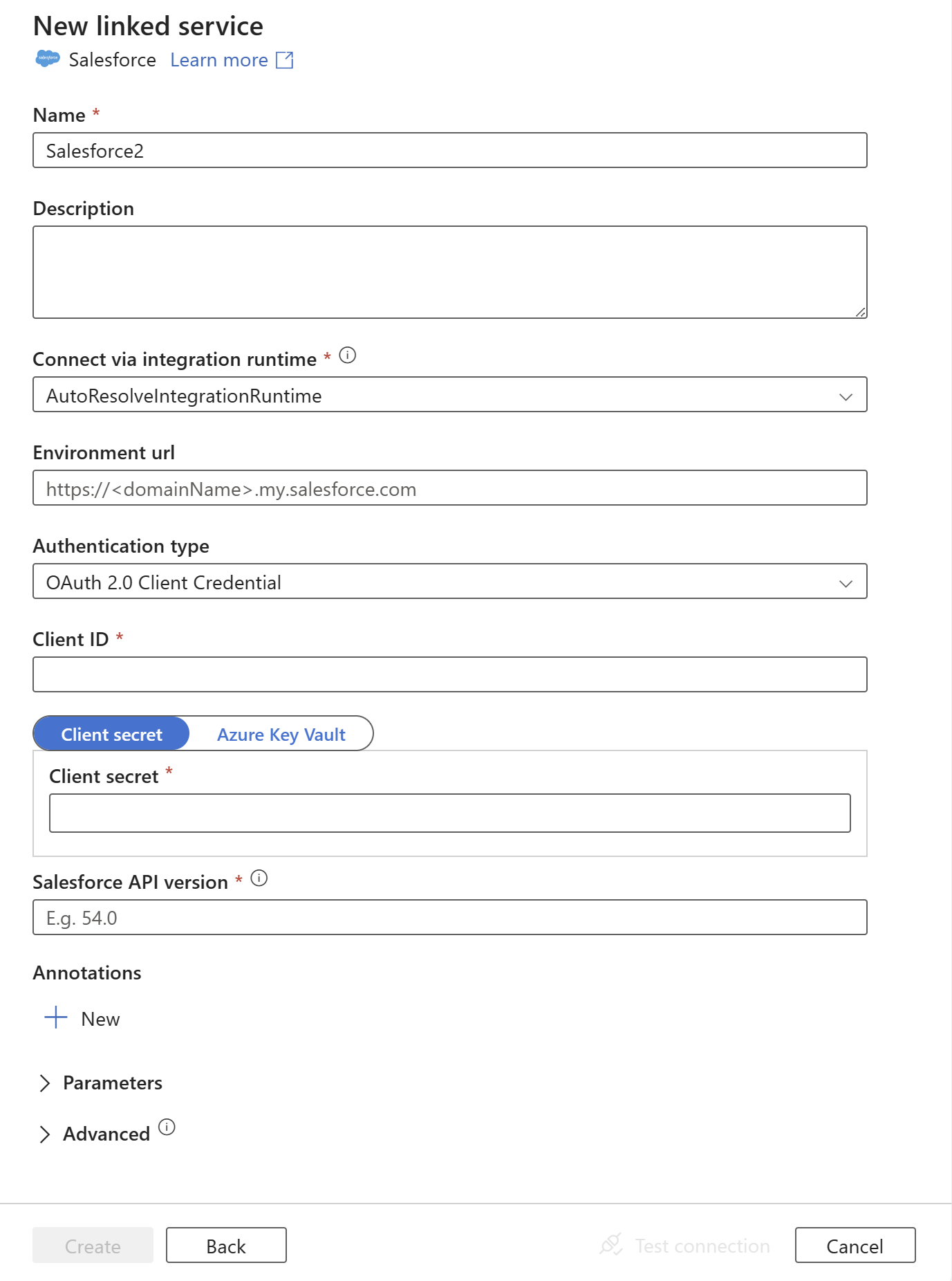 Salesforce için bağlı hizmet yapılandırmasının ekran görüntüsü.